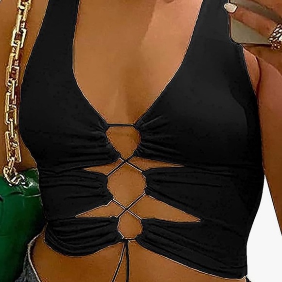 Black Lace-Up Cut-Out Sexy Top - Picture 1 of 3
